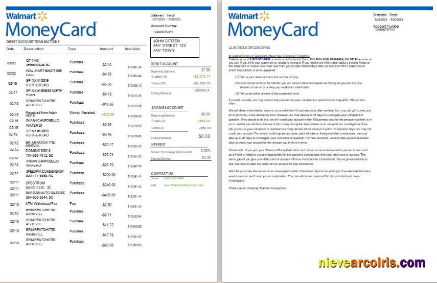 USA Walmart MoneyCard bank statement Word and PDF, 2 pages